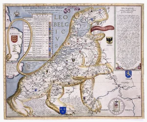 Leo Belgicus, mostrando los Países Bajos en forma de león, 1586