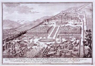 Magníficos jardines y palacio del Barón de Huldenburg, construido por él en Widlingsau, 1719