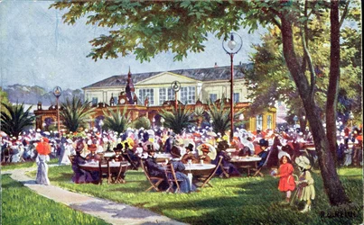 Postal que representa la terraza del café Meierei-Tivoli, Barrio de Schönbrunn, Viena