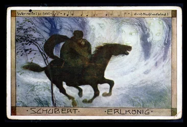 Tarjeta postal que ilustra la canción "Erlkonig" de Franz Peter Schubert (1797-1828), principios del siglo XX (litografía en color)