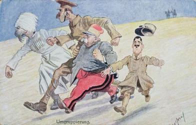 Reagrupamiento, Rusia, Gran Bretaña, Francia e Italia huyendo ante los austriacos y alemanes en el horizonte, postal de la Primera Guerra Mundial