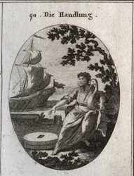 Alegoría del comercio. A sus pies se colocan dos molinos uno sobre el otro y sostiene una cigüeña en sus brazos. Sus dos atributos significan que la ayuda mutua es la fuerza del comercio. Al fondo, un barco de vela completa. Grabado en "Iconologie oder Ide