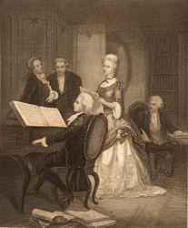 Wolfgang Amadeus Mozart acompañando a Caterina Maddalena Giuseppa (grabado)