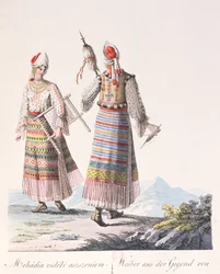 Mujeres con traje tradicional de la región de Mehadia, ilustración de un libro Costumes de Hongrie por J.H. de Bikkesy, 1810