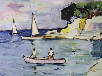 Remo masculino en la bahía costera