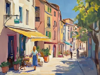 Calle de cafeterías europeas soleadas