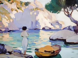 Mujer junto a la tranquila bahía