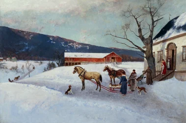 Paseo en trineo desde Farm Yard (óleo sobre lienzo)