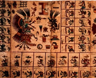 Representación de deidades aztecas y casillas correspondientes al calendario. Página del manuscrito azteca sobre corteza «Códice Borbónico», códice indígena precolombino del centro de México, finales del siglo XV. Biblioteca de la Asamblea Nacional