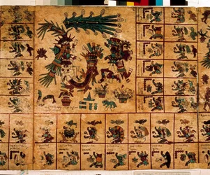 Representación de deidades aztecas y cajas correspondientes al calendario. Página del manuscrito azteca en corteza "Códice Borbónico", códice indígena precolombino del centro de México, finales del siglo XV. Biblioteca de la Asamblea Nacional (Palais Bourb