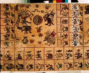Representación de deidades aztecas y casillas correspondientes al calendario. Página del manuscrito azteca sobre corteza «Codex Borbonicus», códice indígena precolombino del centro de México, finales del siglo XV. Biblioteca de la Asamblea Nacional