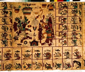 Representación de deidades aztecas y casillas correspondientes al calendario. Página del manuscrito azteca sobre corteza «Codex Borbonicus», códice indígena precolombino del centro de México, finales del siglo XV. Biblioteca de la Asamblea Nacional