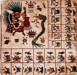Representación de Quetzalcóatl y Tezcatlipoca, deidades aztecas y cajas correspondientes al calendario. Página del manuscrito azteca en corteza "Códice Borbónico", códice indígena precolombino del centro de México, finales del siglo XV. Biblioteca de la As