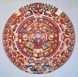 Civilización Precolombina: el Calendario Azteca (Piedra del Sol): disco que representa el calendario y la cosmogonía azteca (Tonalpohualli)