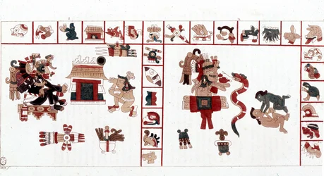 El dios azteca Cihuacohuatl representado en un manuscrito jeroglífico, pictogramas