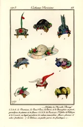 Diseños de sombreros de mujer de la sombrerera Marcelle Demay. Modelos de Marcelle Demay. Grabado pochoir (stencil) coloreado a mano según una ilustración de B. Berty del Journal des Dames et des Modes de Tommaso Antongini, Aux Bureaux du Journal des Dames