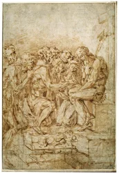 Cristo con símbolos de la Pasión acompañado por siete figuras, principios del siglo XVI
