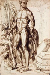 Hércules girado a la izquierda, apoyado en su garrote, sosteniendo una tela, junto a las ruinas de un templo