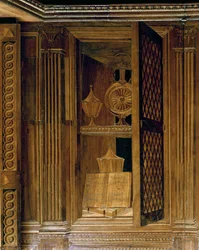 Panel de taracea que representa un armario con una puerta de celosía, en el estudio de Federigo da Montefeltro, duque de Urbino