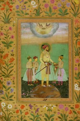 Shah Jahan (1592-1666) de pie sobre un gran globo rodeado por sus cuatro hijos, del Álbum Minto