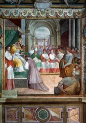 Celestino III consagrando al primer obispo de Viterbo en 1192, detalle de los frescos de Baldassare Croce