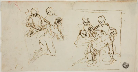 Dos bocetos de composición de figura desplomada apoyada en otras dos figuras (anverso); boceto de composición de figura arrodillada acompañada de otras dos figuras