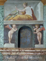 La Sala delle Prospettive, Sala de la Perspectiva, detalle de un nicho en trampantojo que representa a la diosa Juno con un pavo real, 1518-19