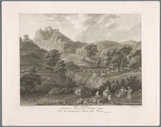Vista de Roccagiovine Rocca Giovine (título sobre objeto) Suite de VI vues des Environs de Rome (...) (título de la serie)