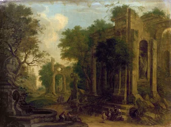 Paisaje boscoso con viajeros descansando junto a ruinas clásicas