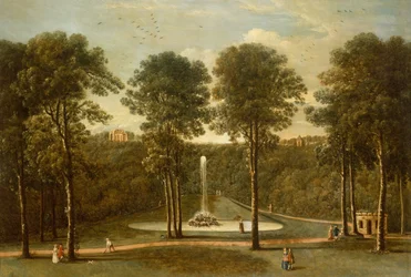 Vista del estanque de la fuente en Hackfall, con la Banqueting House al fondo