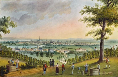 Fiesta de la vendimia en los viñedos de Heiligenstadt, con vistas a Viena ... (gouache)