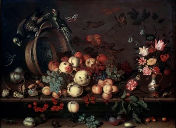 Naturaleza muerta con frutas, flores y loros, 1620s