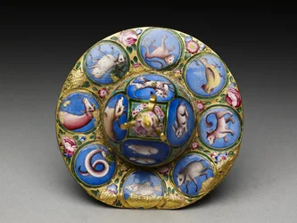 Tazón con tapa, platillo y cuchara con decoración astrológica, principios del siglo XIX