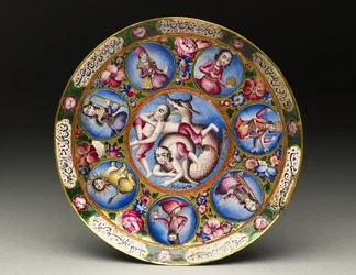 Tazón con tapa, platillo y cuchara con decoración astrológica, principios del siglo XIX