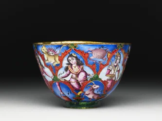 Cuenco con tapa, platillo y cuchara con decoración astrológica, principios del siglo XIX