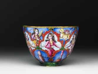 Cuenco con tapa, platillo y cuchara con decoración astrológica, principios del siglo XIX