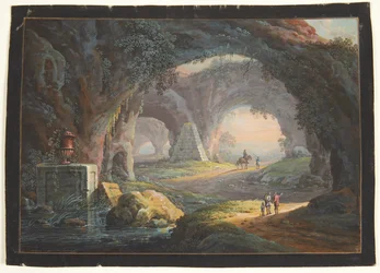 Un paisaje de fantasía con ruinas antiguas y figuras
