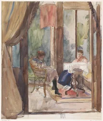 Una dama y una joven, ambas leyendo en el invernadero de la casa de Riouwstraat 6, en La Haya