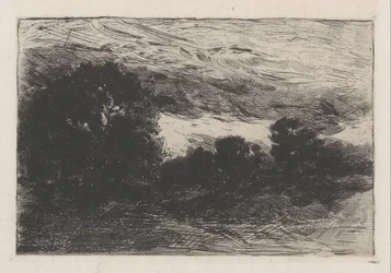 Paisaje con árboles y cielo tormentoso