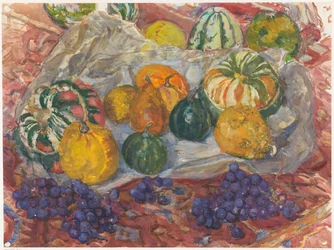 Bodegón de calabazas y uvas sobre una alfombra