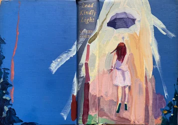 Lead kindly light, 2022 (óleo sobre cubierta de libro de lino antiguo)