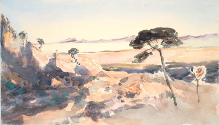 Paisaje: Árbol con montañas rosas (acuarela y grafito sobre papel de trama )