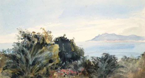 Paisaje con masa de agua (acuarela sobre papel tejido)