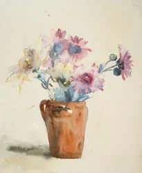 Flores rosas en jarrón (acuarela sobre papel)