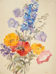Flores amarillas, rojas y azules (acuarela y grafito sobre papel verjurado)