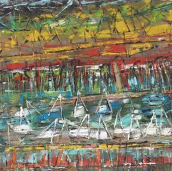 Barcos en un paisaje marino abstracto