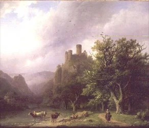 Un paisaje fluvial con un castillo en ruinas