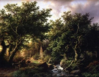 Un paisaje boscoso con una capilla