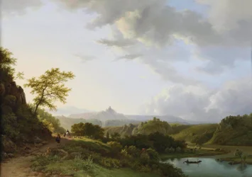 Un paisaje panorámico de verano con viajeros y las ruinas de un castillo a lo lejos