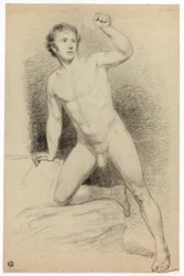 Académico desnudo apoyado en una plataforma
